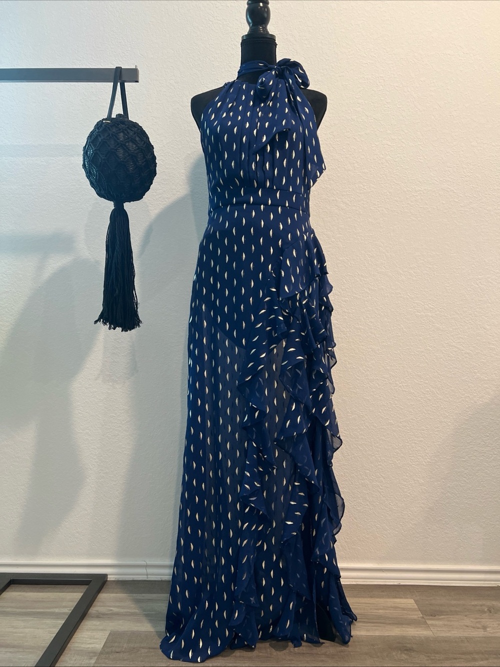 Betsy & Adam Navy Halter Maxi Dress with White Teardrop Print and Ruffle Trim